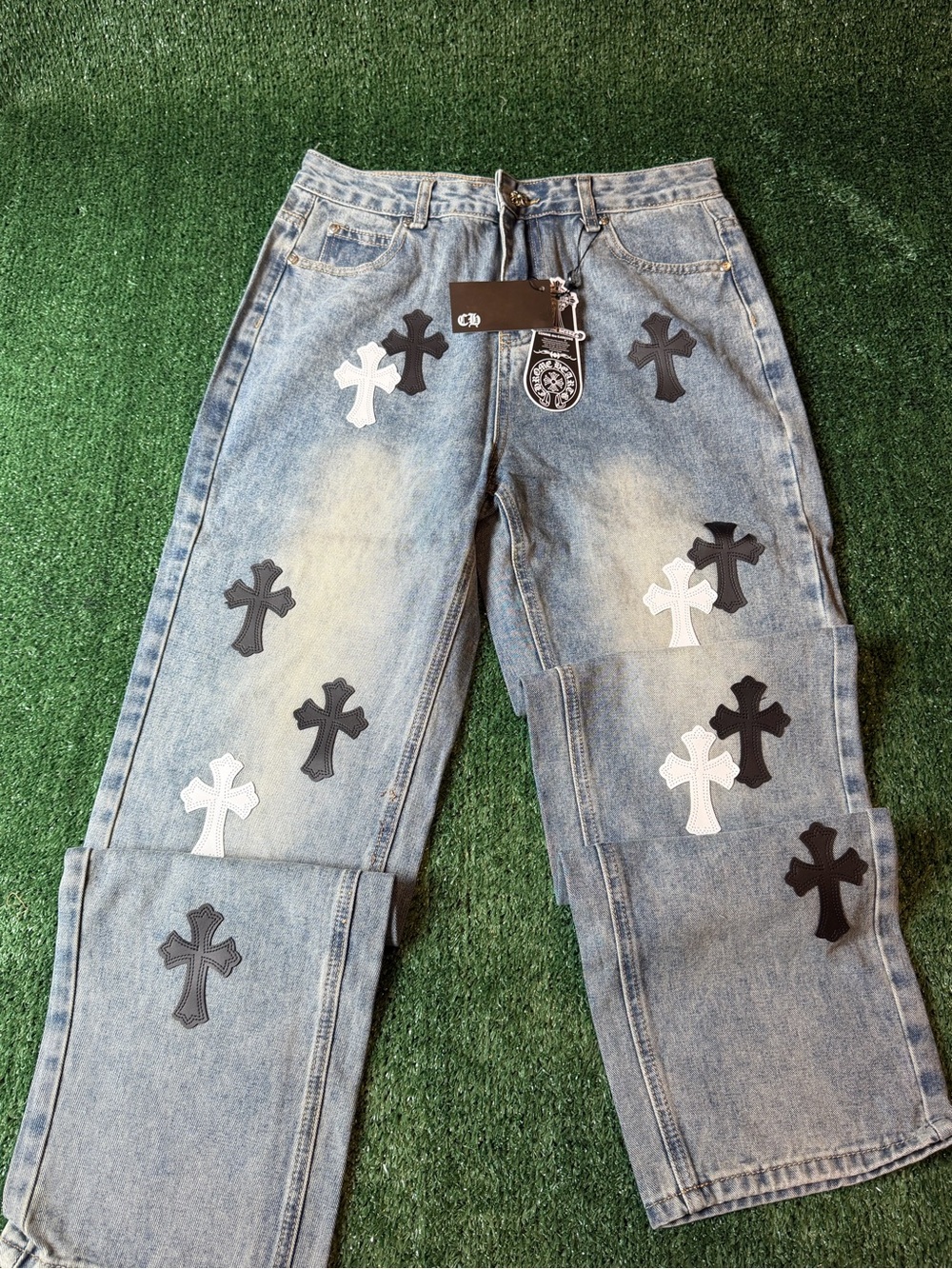 Light Blue Men’s Straight Denim Jeans with Black & White Cross Patches - Picture 1 of 11